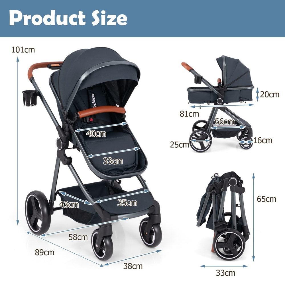 The baby stroller shown with various dimensions and a folded view for size reference