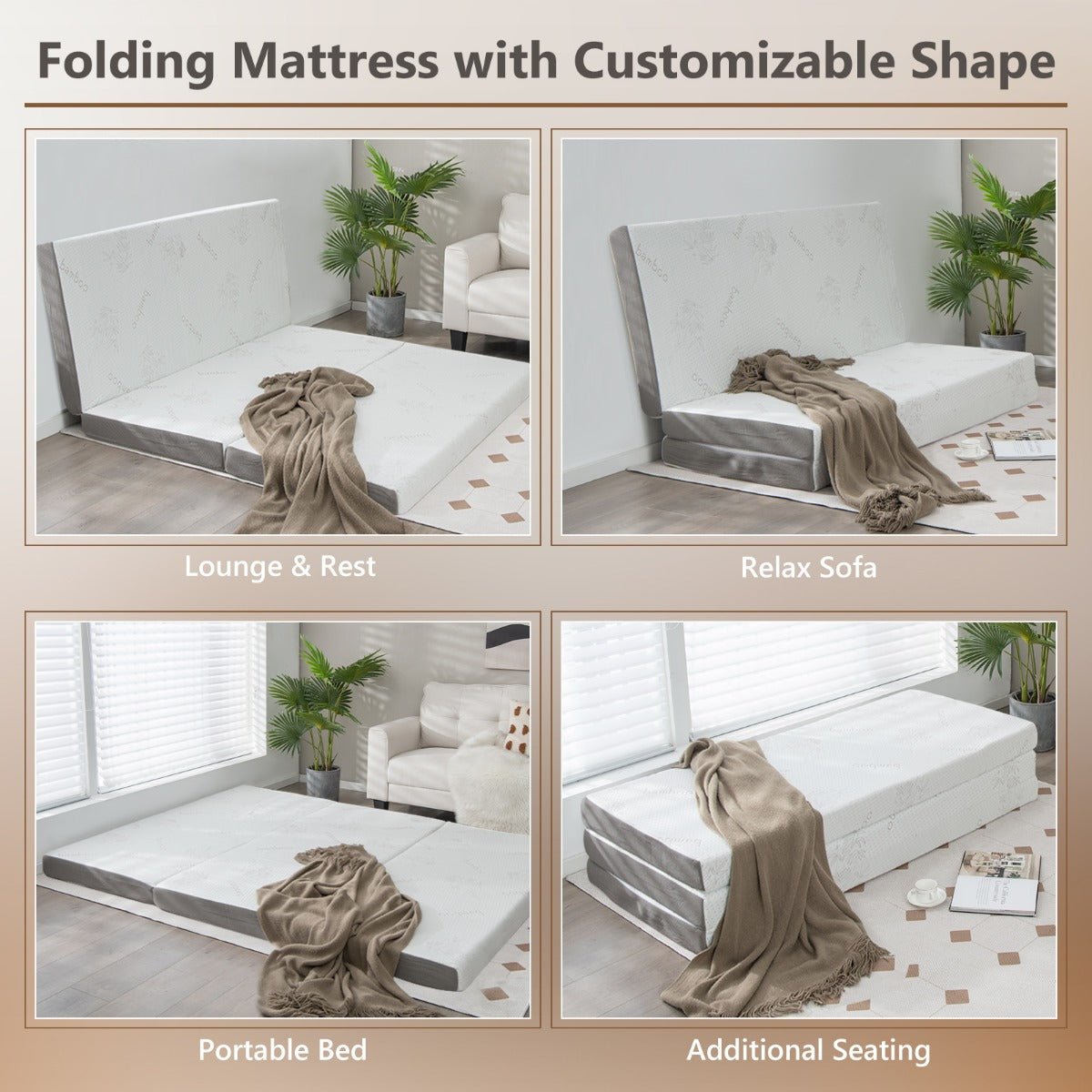 Cooling Gel Memory Foam Folding Mattress with Bamboo Cover and Mesh Border Fabric-L