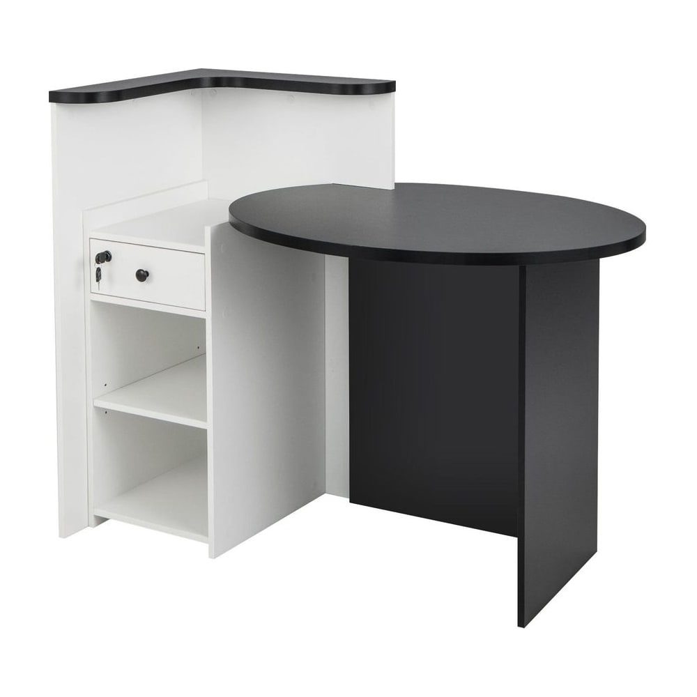 Corner Front Reception Counter Desk with Lockable Drawer, a black and white office desk with shelves and a drawer