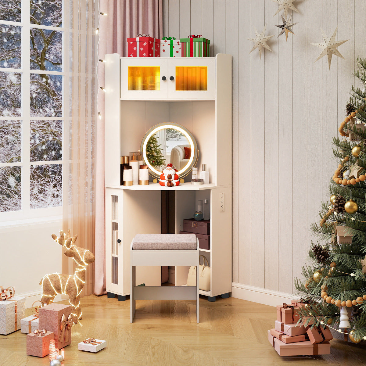 Corner Vanity Desk with Charging Station and Cushioned Stool-White