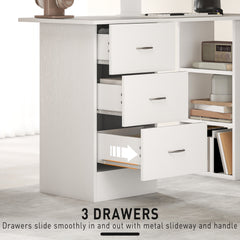 HOMCOM Computer Desk, Writing Table, PC Workstation with 3 Storage Shelves and Drawers, Silver Handle, for Home Office, White