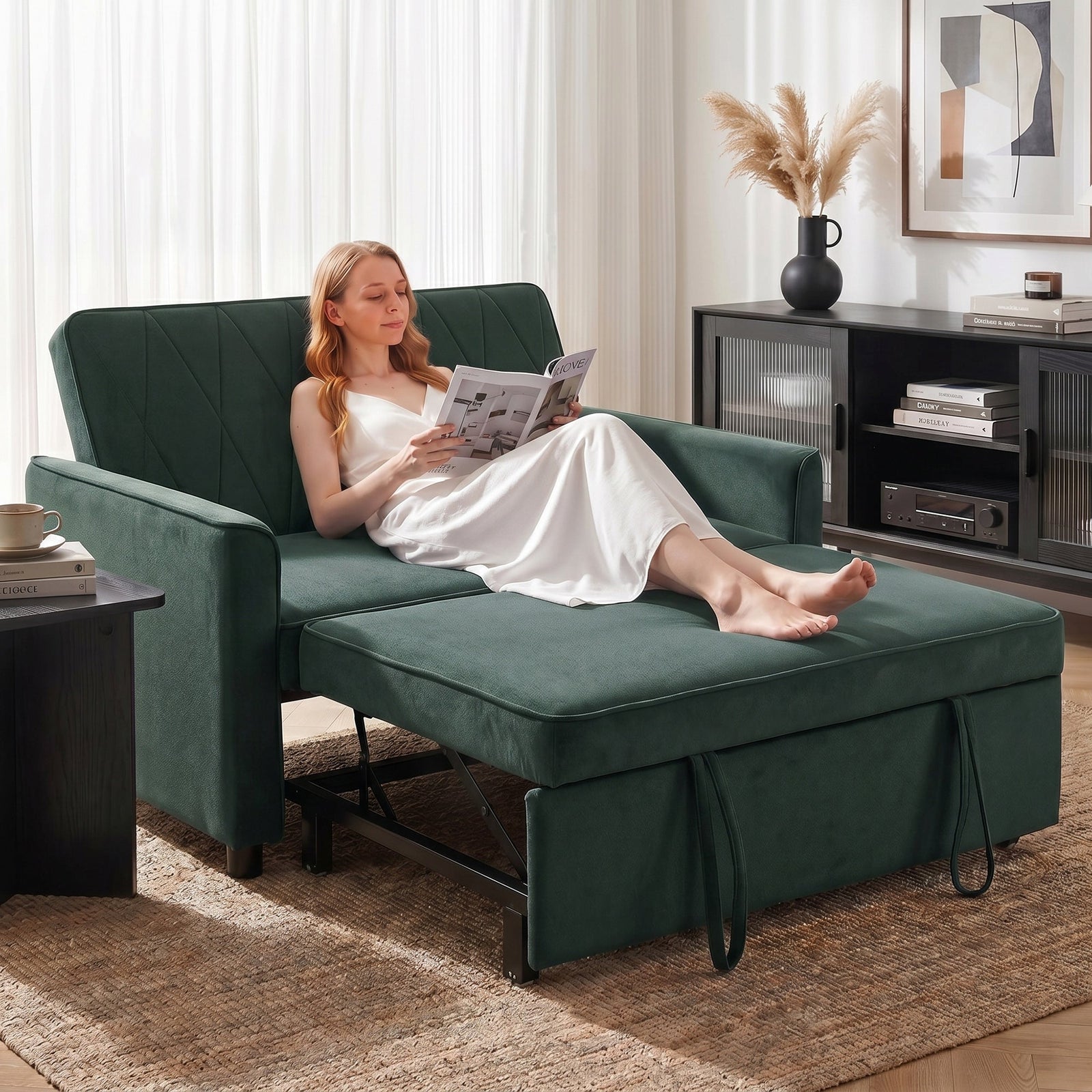 HOMCOM 2 Seater Sofa Bed, 3-in-1 Convertible Pull Out Sleeper Sofa with Clik-Clack Adjustable Backrest, Dark Green