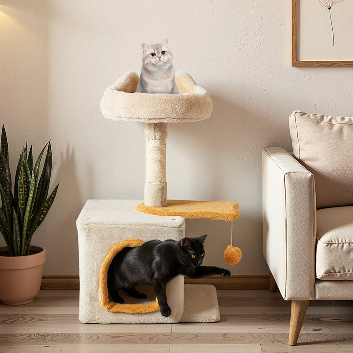 Cute Kitty Tower with Plush Perch for Indoor Kittens-Yellow