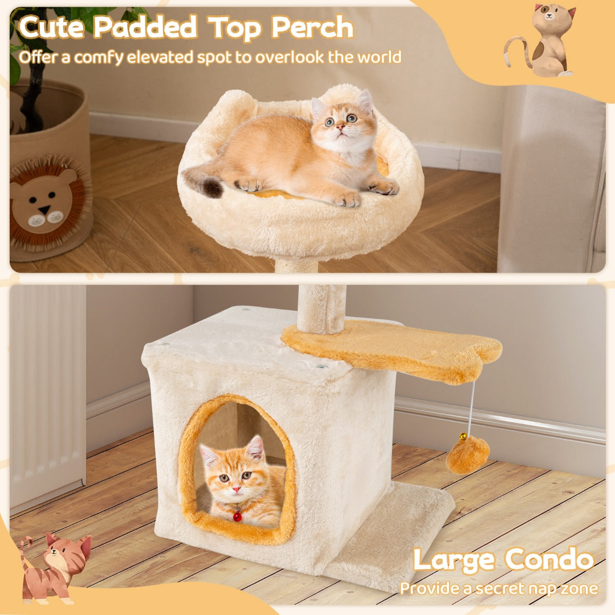 Cute Kitty Tower with Plush Perch for Indoor Kittens-Yellow