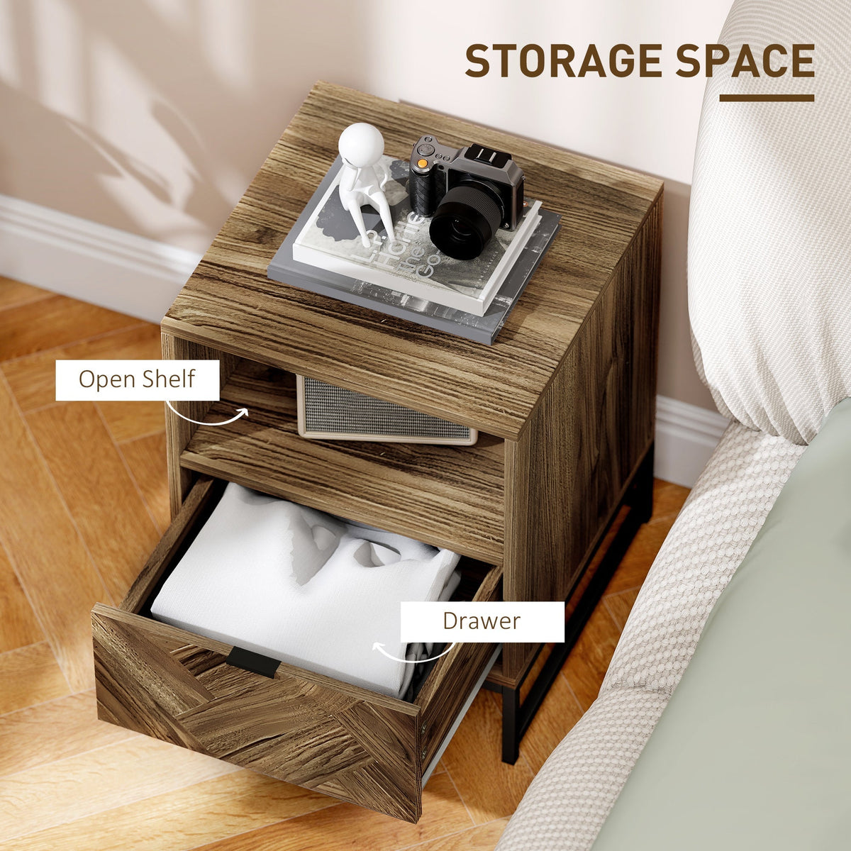 HOMCOM Bedside Table with Drawer and Shelf, Side End Table with Steel Legs for Living Room, Bedroom, Brown Wood Effect