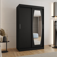 The sliding door wardrobe in a black finish with a mirrored door