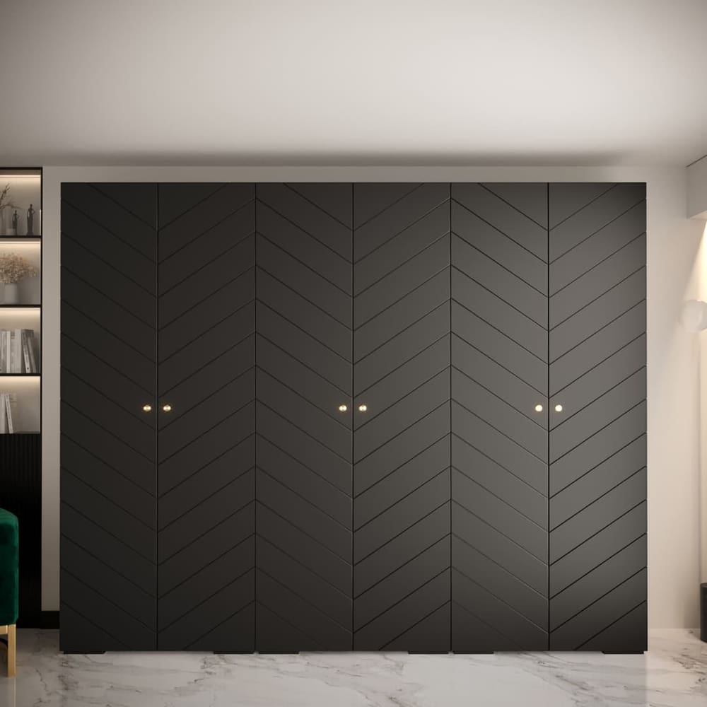 Black Manhattan IV Hinged Door Wardrobe 300cm with a chevron pattern