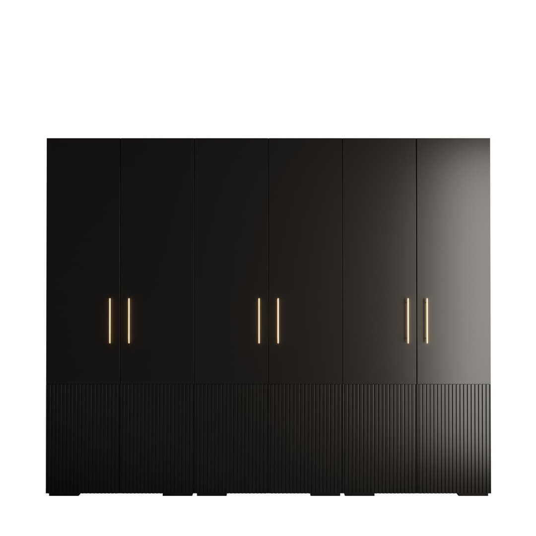 A close-up of the black doors and gold handles on the Manhattan III Hinged Door Wardrobe 300cm