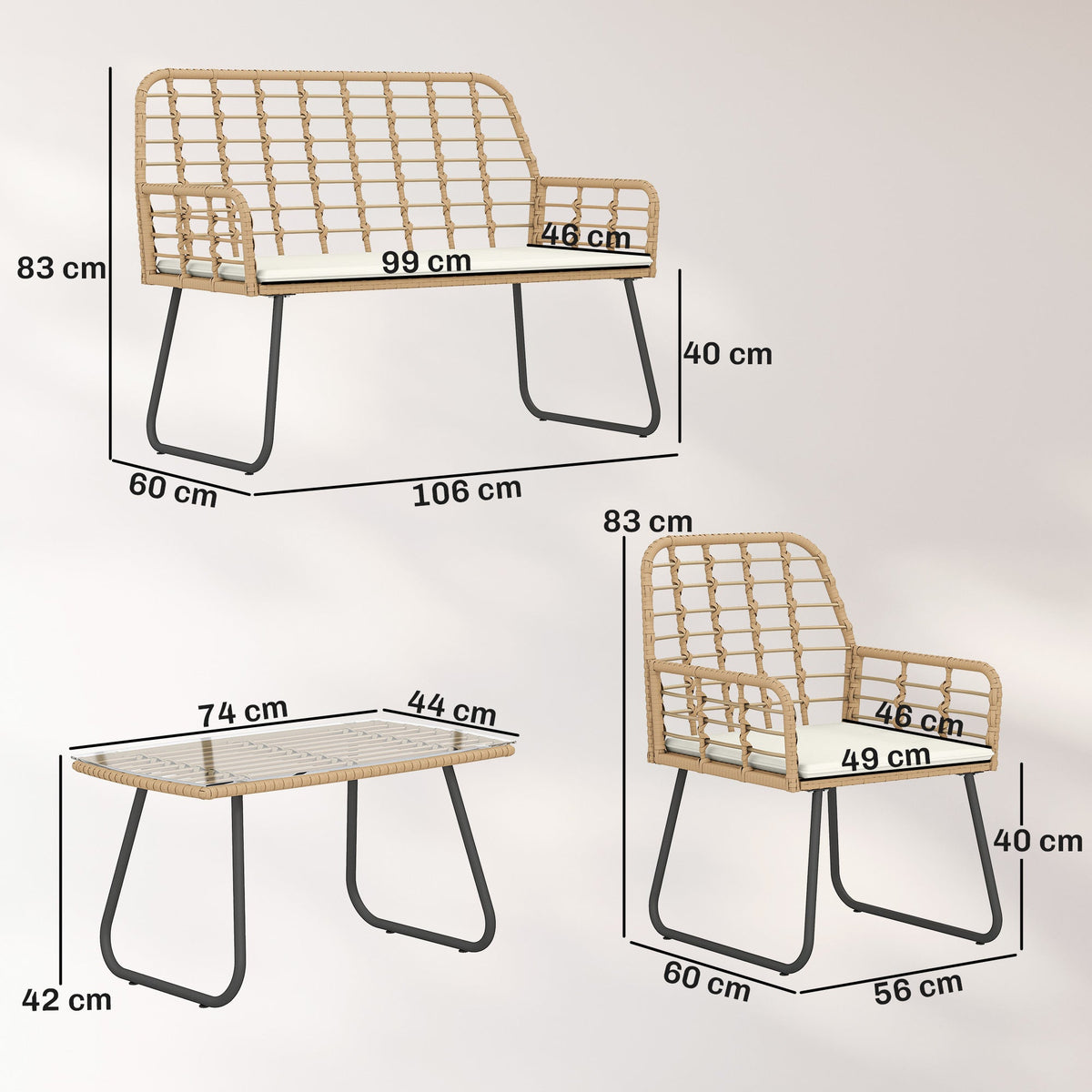 Outsunny 4 Piece Rattan Garden Furniture Set, Outdoor Patio Furniture with Loveseat, Armchairs and Coffee Table