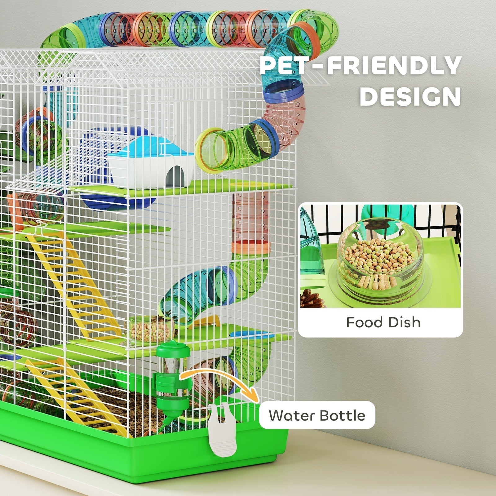PawHut 5 Tier Hamster Cage Carrier Habitat with Exercise Wheels Tunnel Tube Water Bottle Dishes House Ladder for Dwarf Mice, Green
