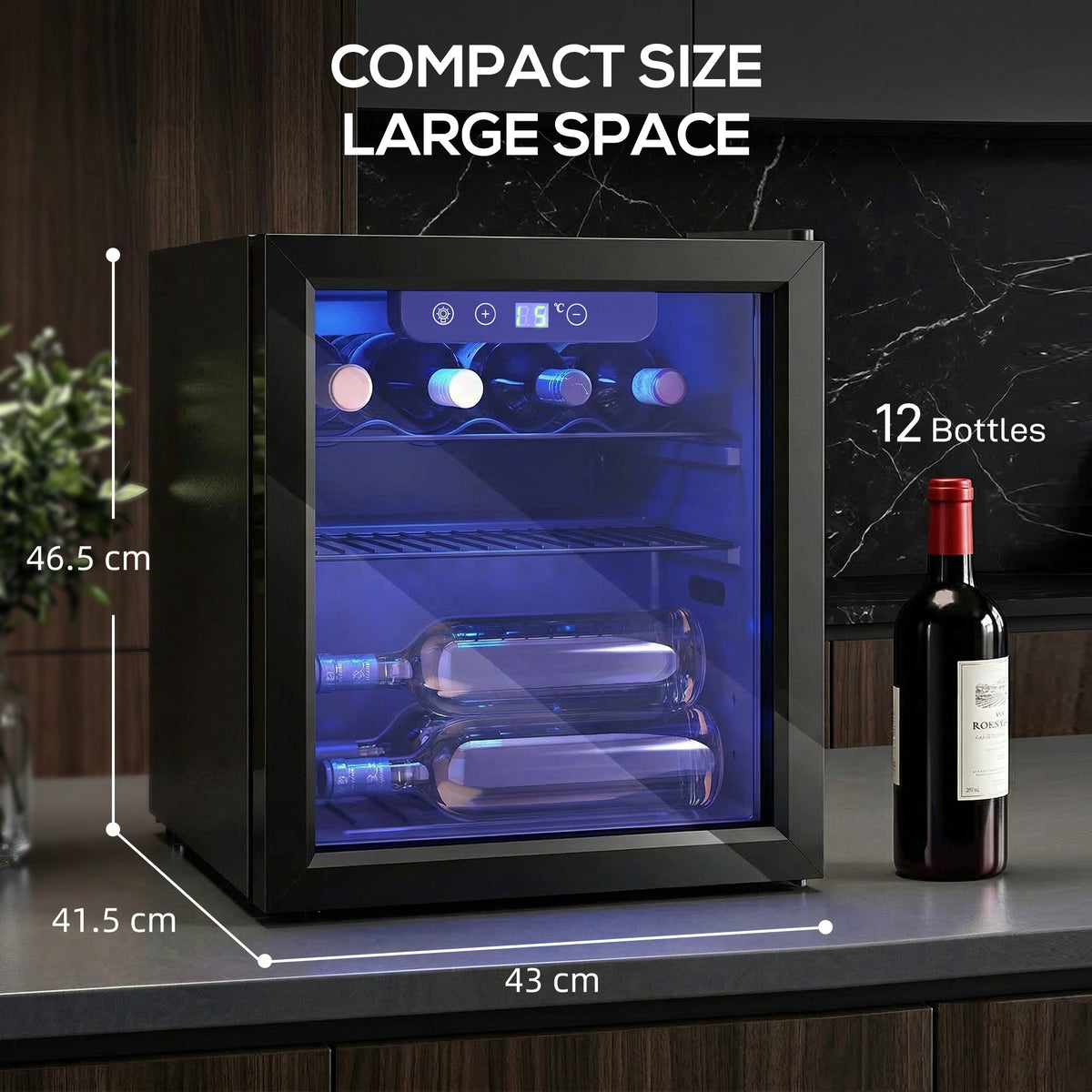 HOMCOM 12 Bottle Wine Cooler, 36 Litre Capacity, 4-16°C Under Counter Drinks Beer Wine Fridge with Glass Door, LED Light, Black