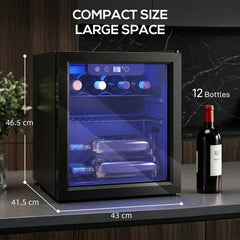 HOMCOM 12 Bottle Wine Cooler, 36 Litre Capacity, 4-16°C Under Counter Drinks Beer Wine Fridge with Glass Door, LED Light, Black