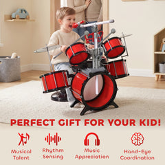 HOMCOM Kids Drum Set for Beginners, Drum Kit with Toy Microphone, Cymbal, Pedal & Drumsticks, Educational Musical Toy, Red
