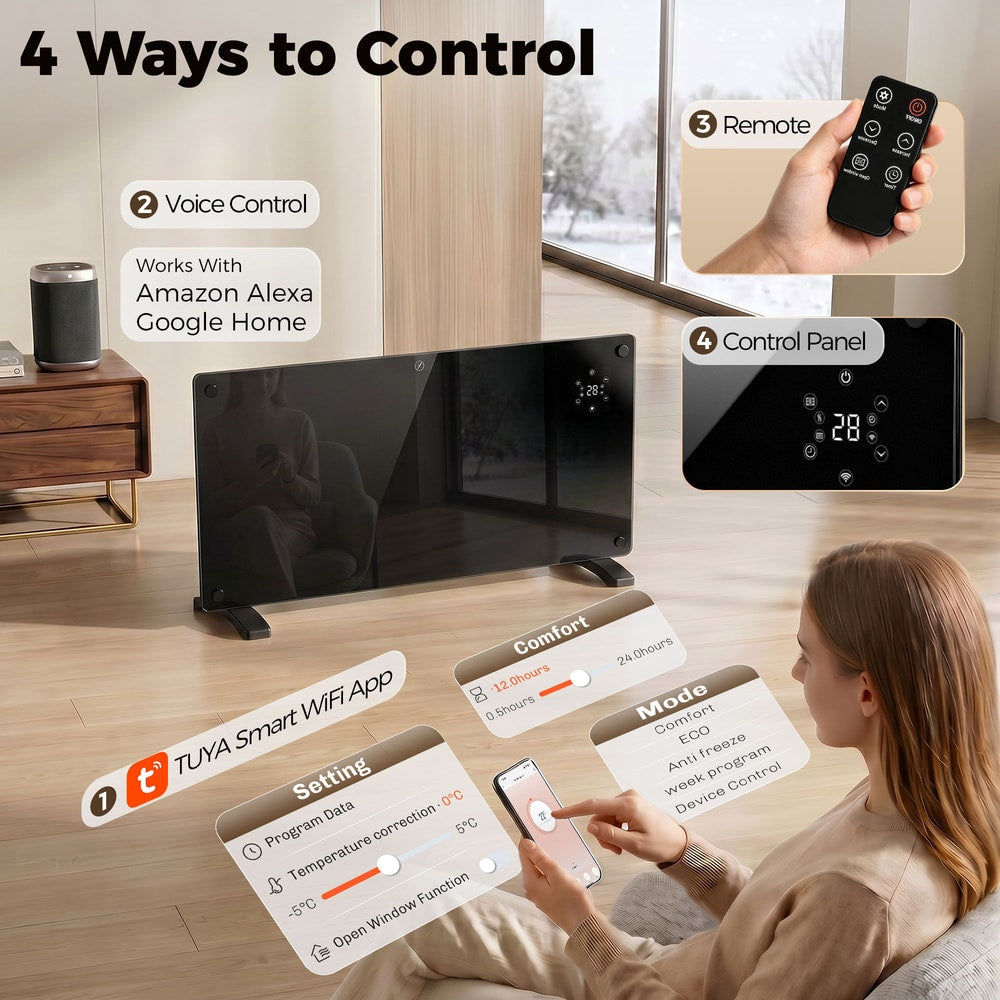 Four ways to control the smart heater: voice, app, remote and control panel