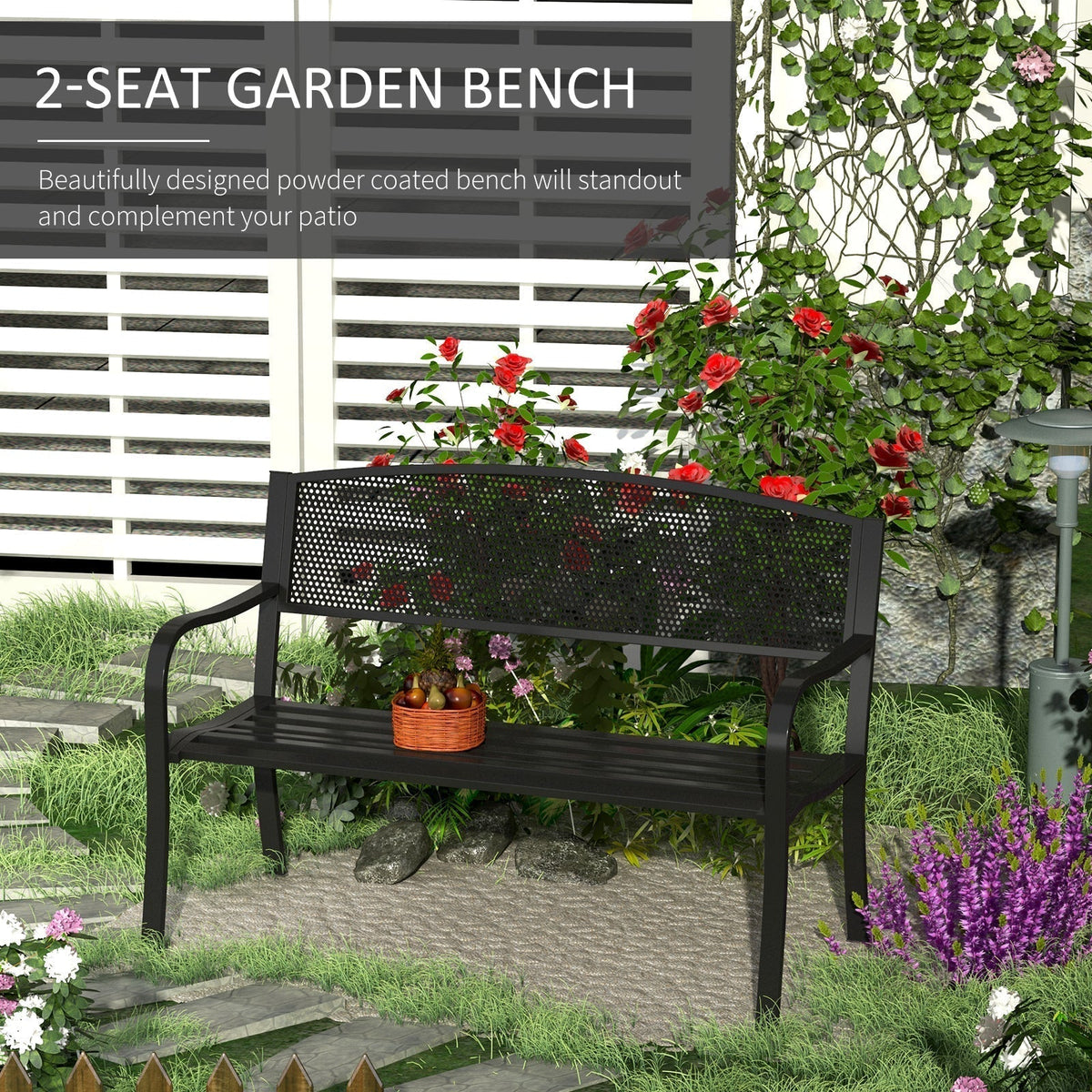 Outsunny Garden Bench Furniture Patio Park 2 Person Chair Seat Steel Black 120cm Outdoor