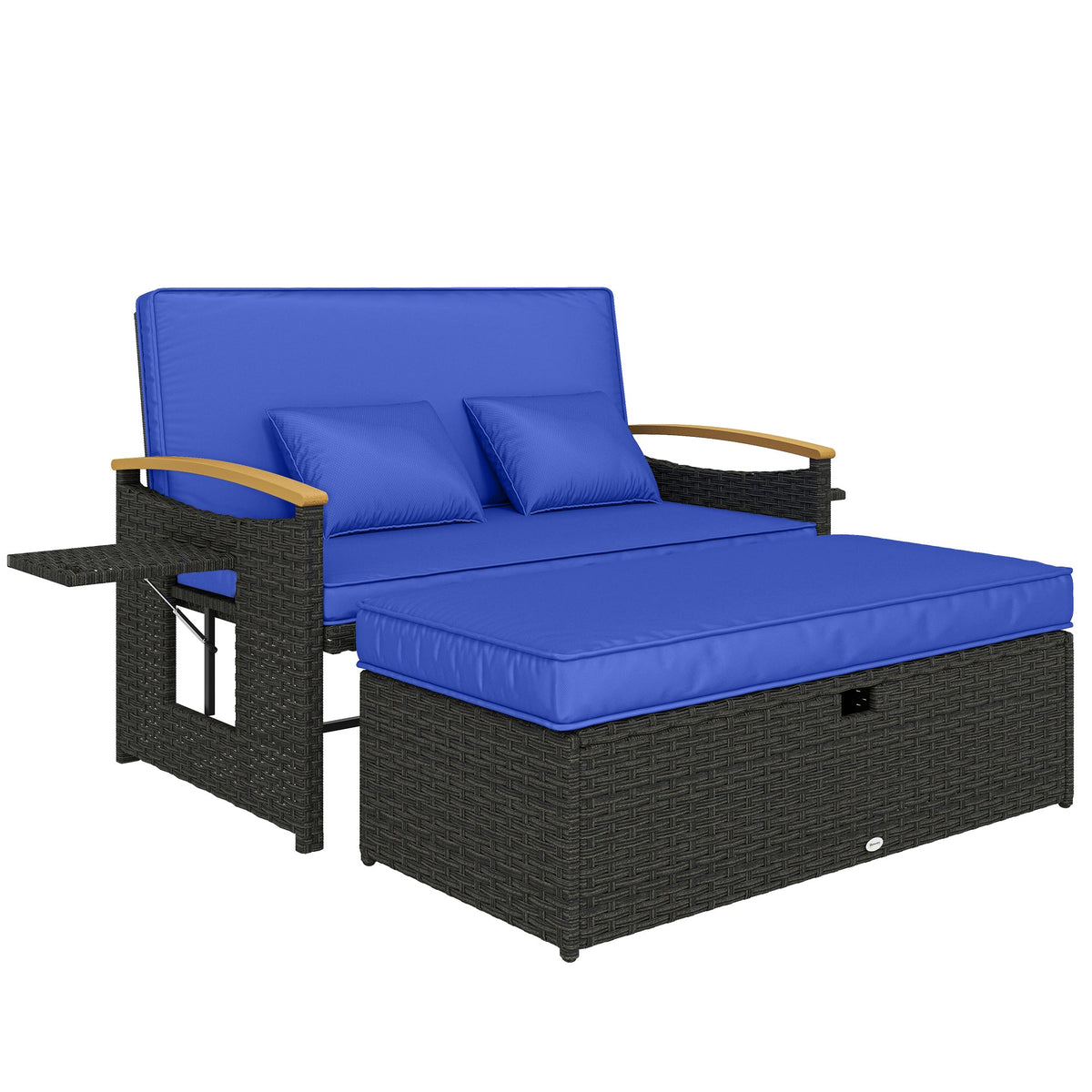 Outsunny Double Garden Rattan Daybed, Wicker Sun Bed Chaise Lounger with Storage Ottoman, 4-Level Adjustable Backrest, Brown