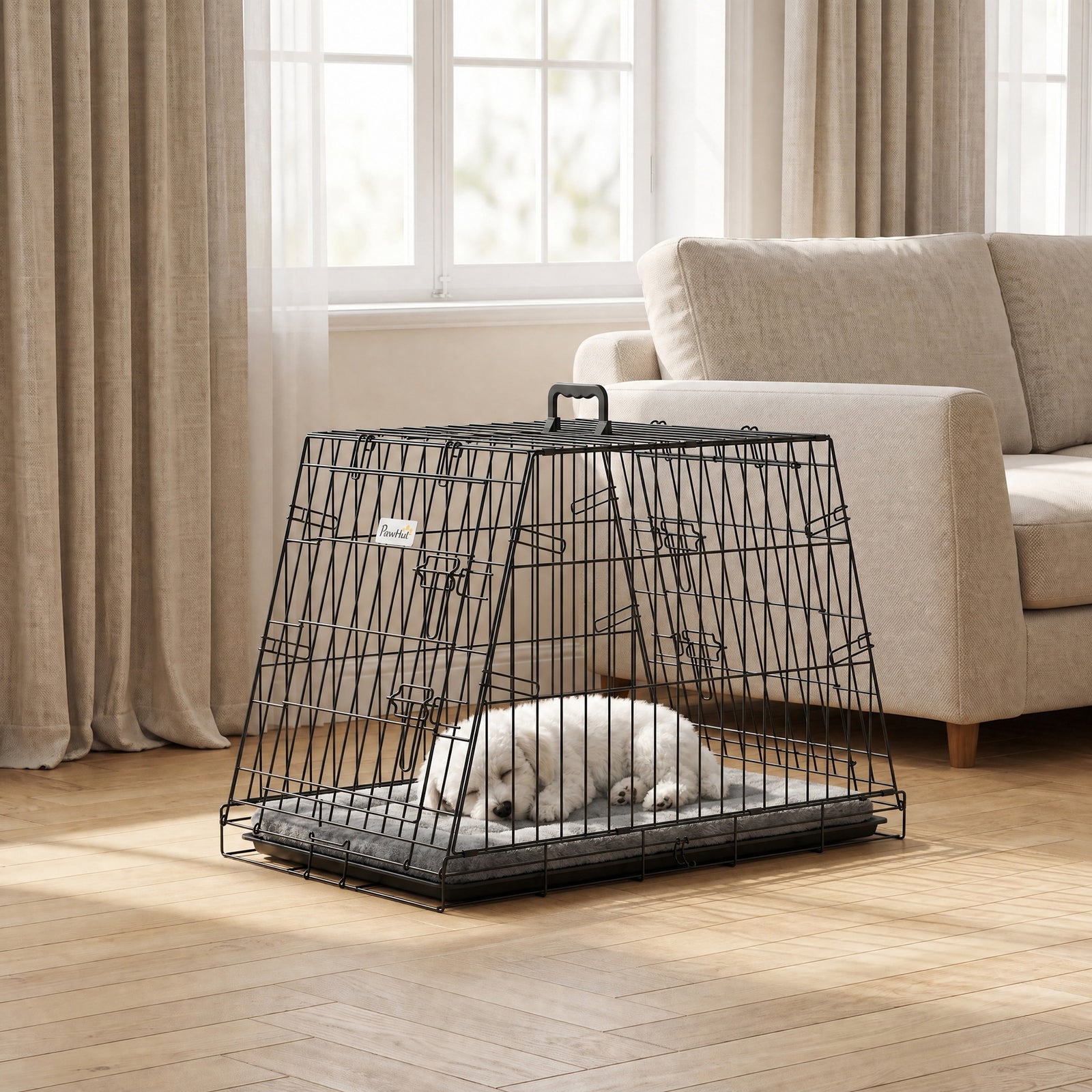 PawHut 30"(76 cm) Car Dog Crate Collapsible Slanted Travel Small Dog Cage with Tray & Handle 76L x 48W x 53H cm