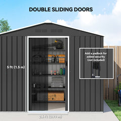 Outsunny 8 x 6ft Galvanised Steel Shed, with Double Door - Dark Grey