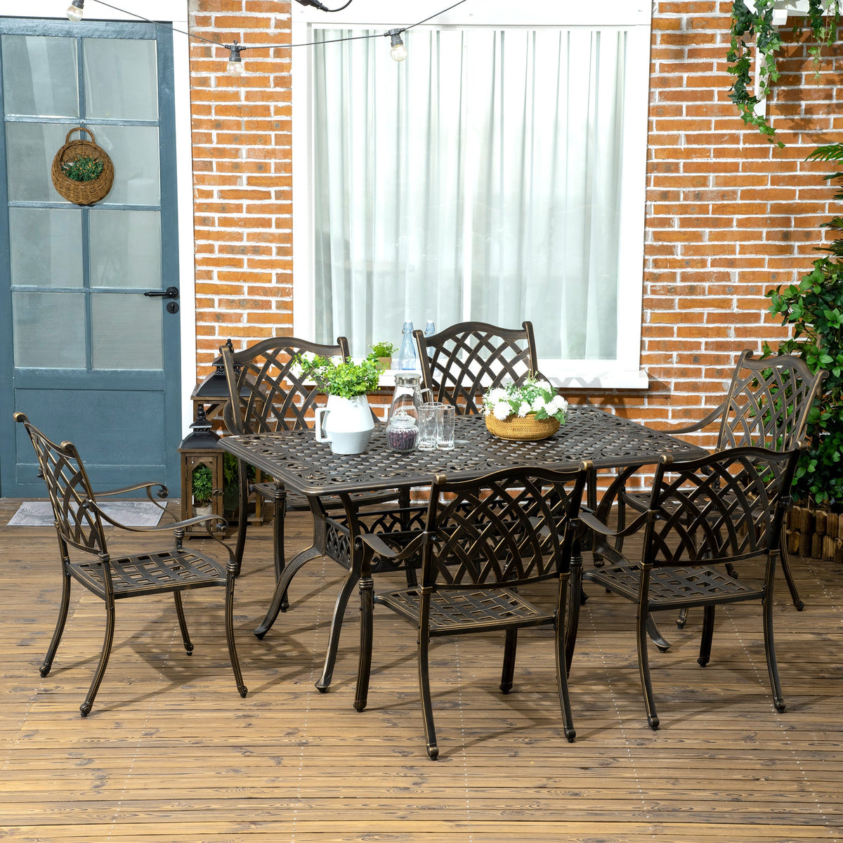 Outsunny 7 PCs Garden Patio Dining Set with Parasol Hole, Cast Aluminium Outdoor Furniture Set with Six Cushioned Chairs and