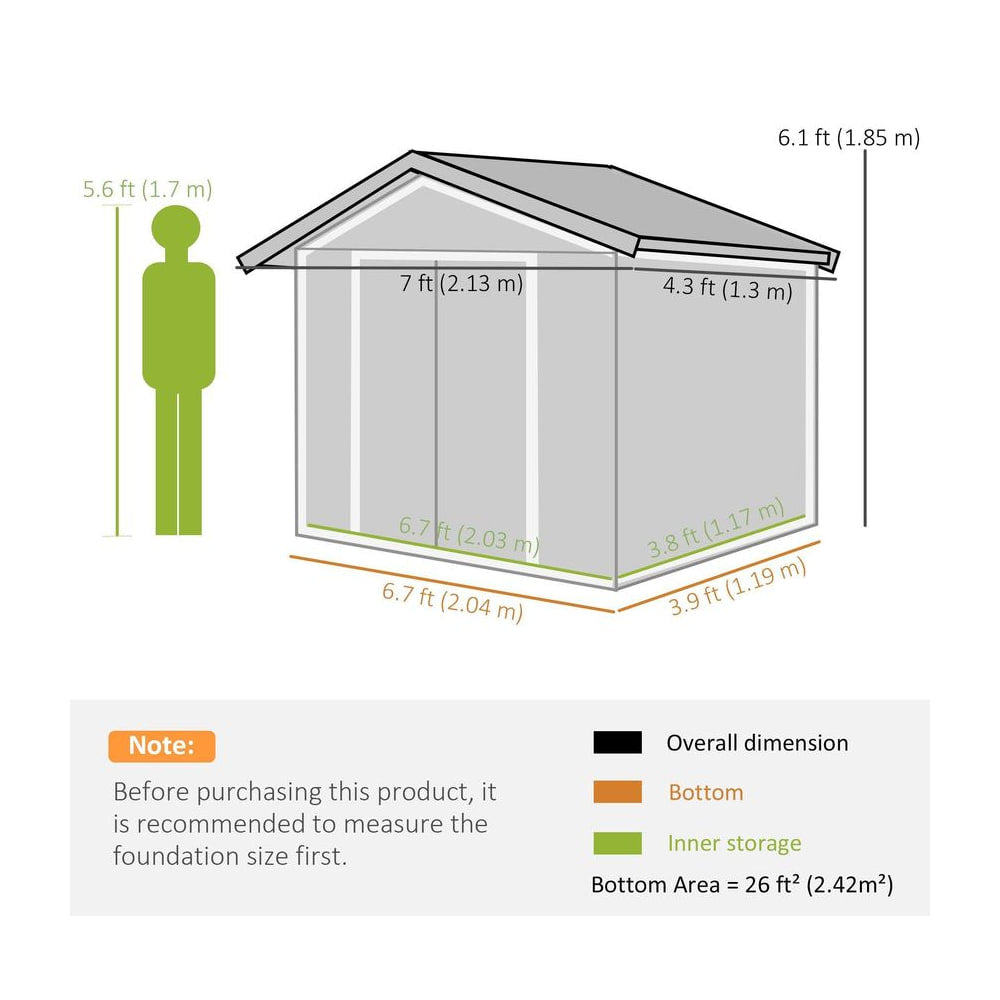 Outsunny 7 x 4ft Metal Garden Storage Shed with Vents, Floor Foundation Kit and Lockable Double Doors, Light Brown