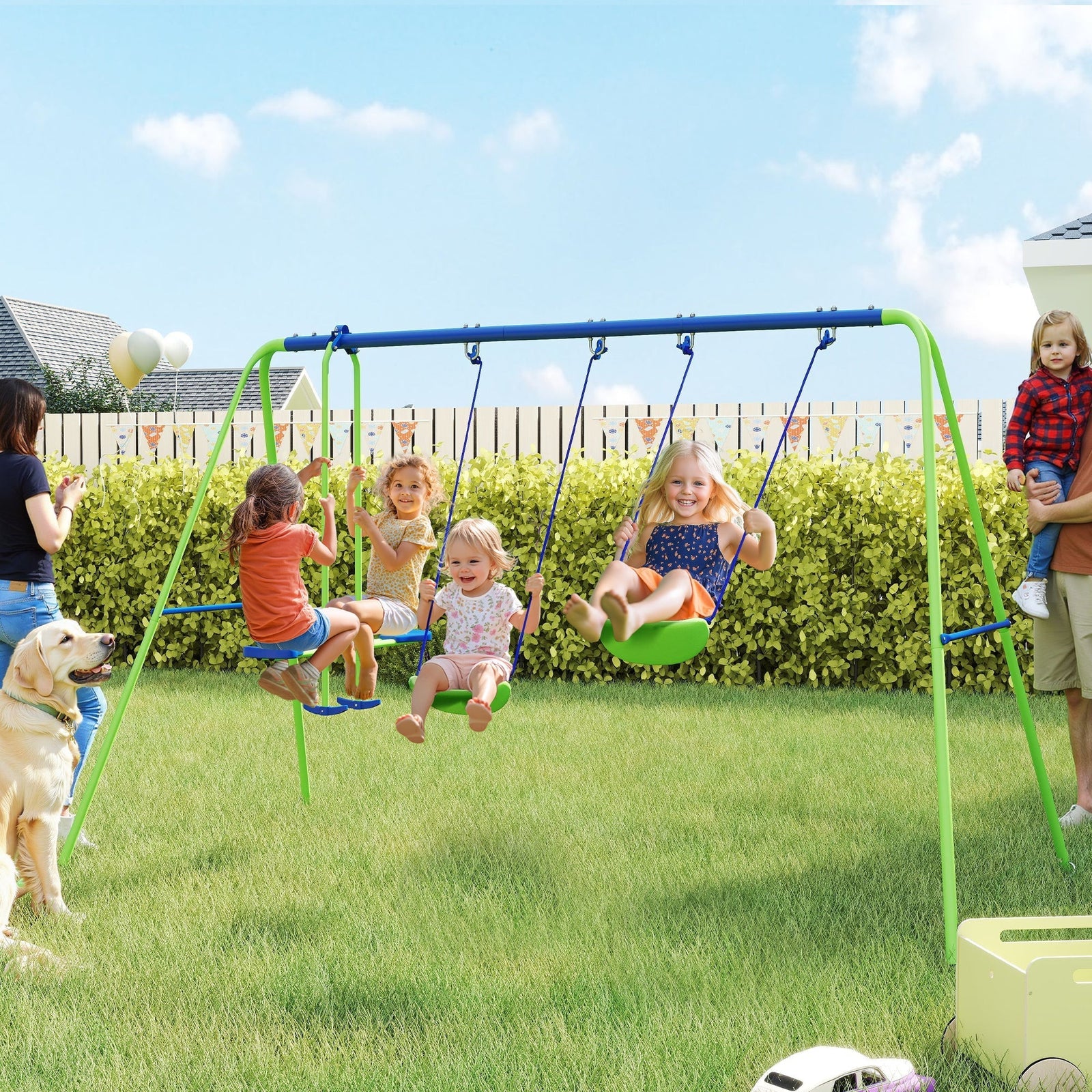 Outsunny Metal Garden Swing Set Height Adjustable Children Outdoor Backyard Play Set for Toddlers Over 3 Years Old, Green