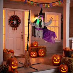 HOMCOM 200cm Life Size Animated Flying Witch Halloween Decorations Outdoor Indoor, Scary Halloween Animatronics Decor