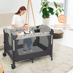 The activity centre with a standing baby inside and a woman watching in a bright living room