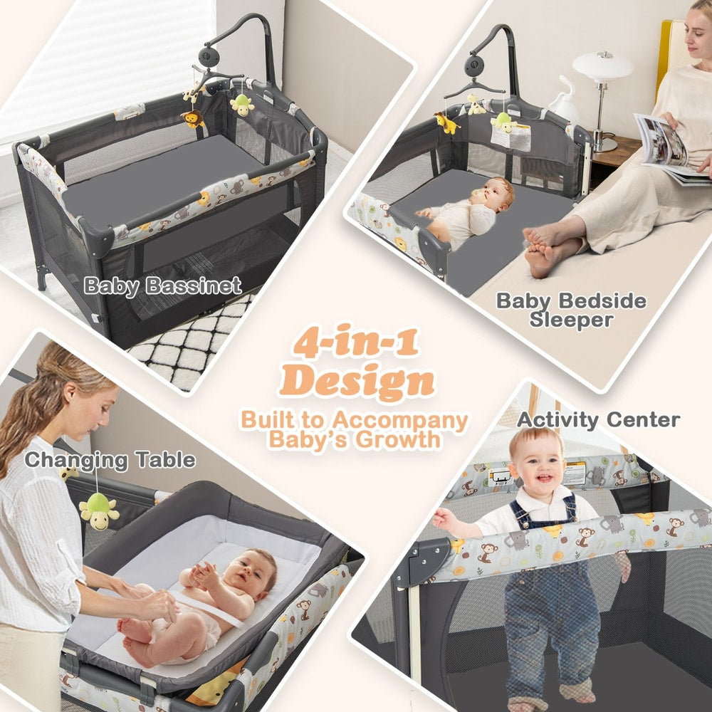 The bassinet and changing table showing different ways to use the versatile nursery furniture