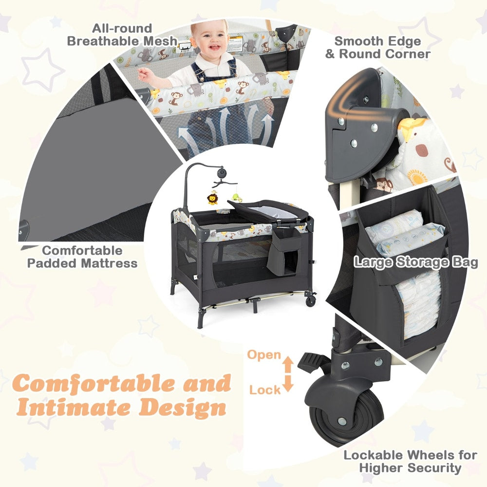The travel cot highlighting the mesh sides, storage bag, and lockable wheels for safety