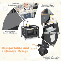 The travel cot highlighting the mesh sides, storage bag, and lockable wheels for safety
