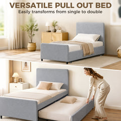 HOMCOM 3ft Single Bed Frame with Trundle, Upholstered Pull Out Trundle Bed with Headboard and Footboard, Light Grey