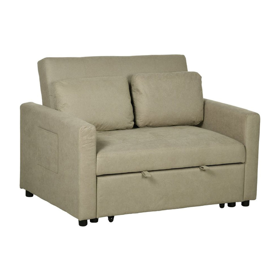 HOMCOM Loveseat Sofa Bed, Convertible Bed Settee with 2 Cushions, Side Pockets for Living Room, Light Brown
