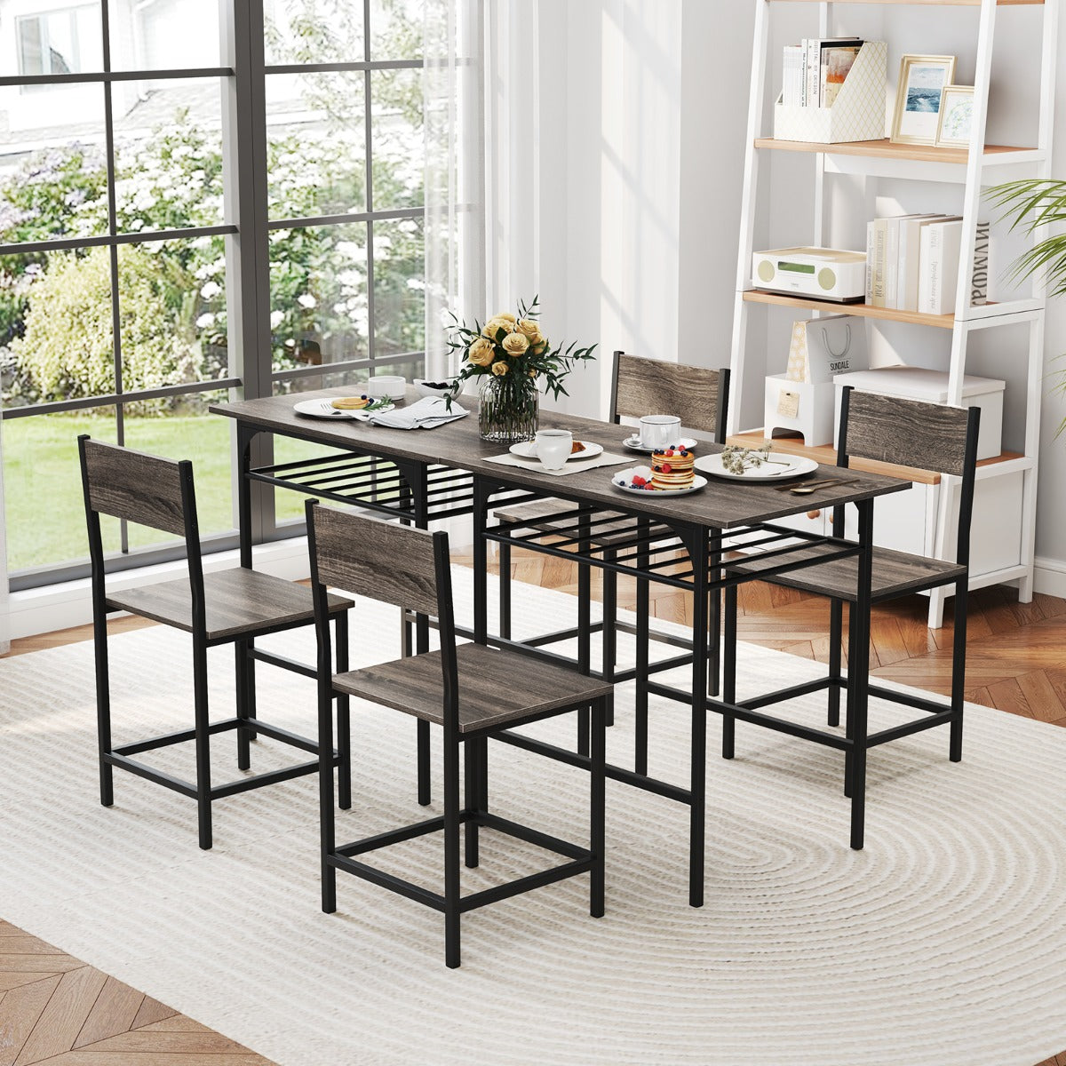 Dining Table Set for 2 with Metal Frame and Storage Rack-Grey