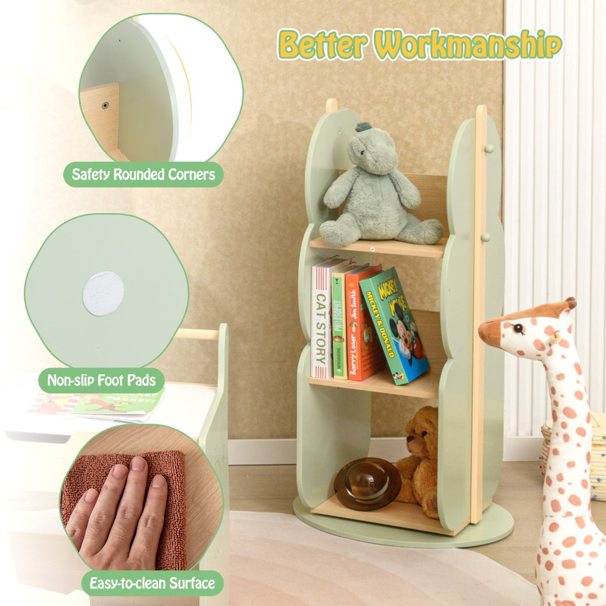 360° Display Corner Book Shelf with Side Hooks for Small Space-Green