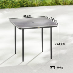 Outsunny Garden Dining Table for 4, 85 cm Square Outdoor Table with Umbrella Hole, Faux Wood Top, Metal Legs, Light Grey