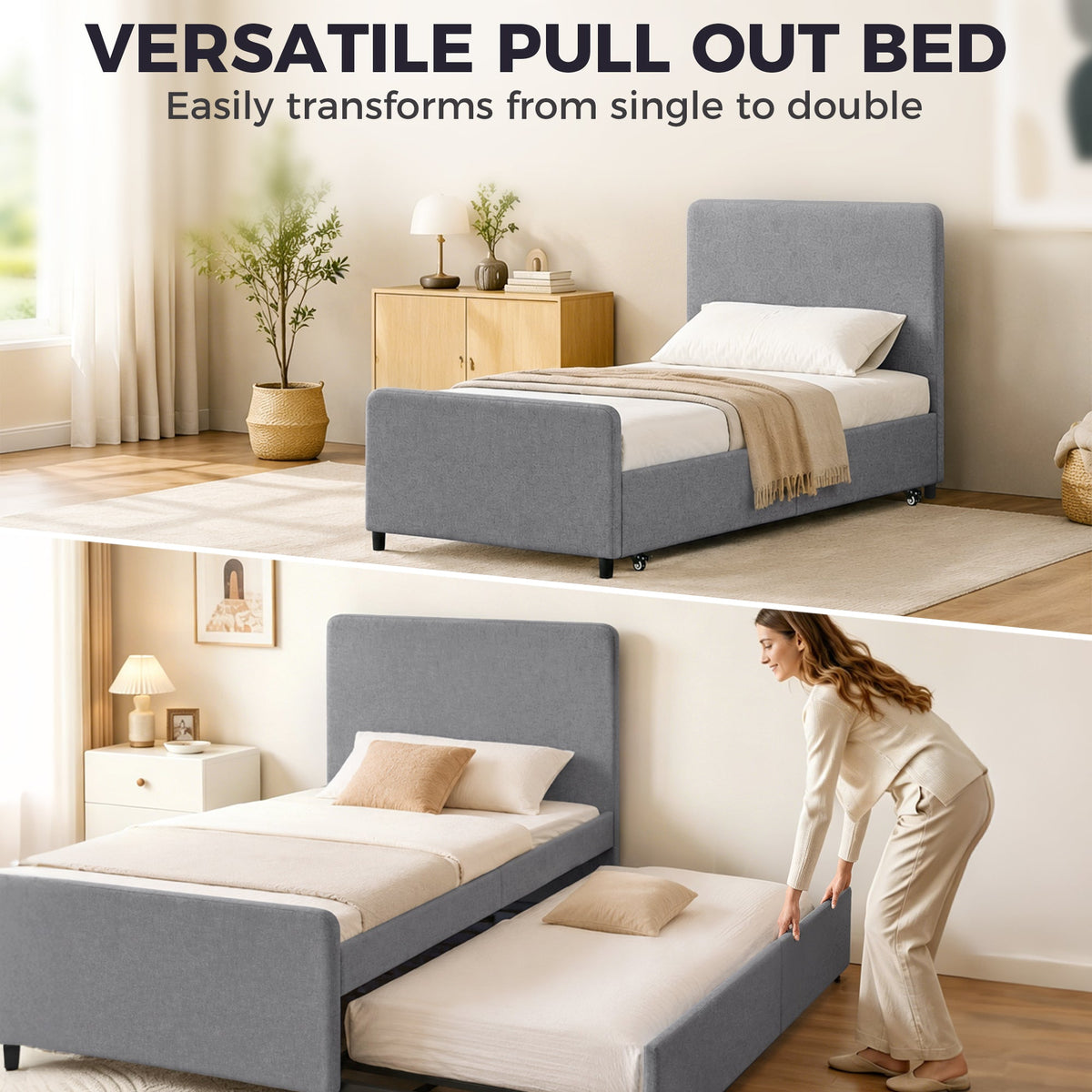 HOMCOM 3ft Single Bed Frame with Trundle, Upholstered Pull Out Trundle Bed with Headboard and Footboard, Dark Grey