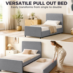 HOMCOM 3ft Single Bed Frame with Trundle, Upholstered Pull Out Trundle Bed with Headboard and Footboard, Dark Grey