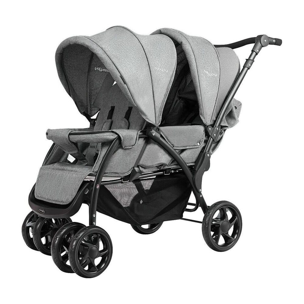 Double Pushchair with Adjustable Backrest and Sunshade in grey, showing both seats and wheels