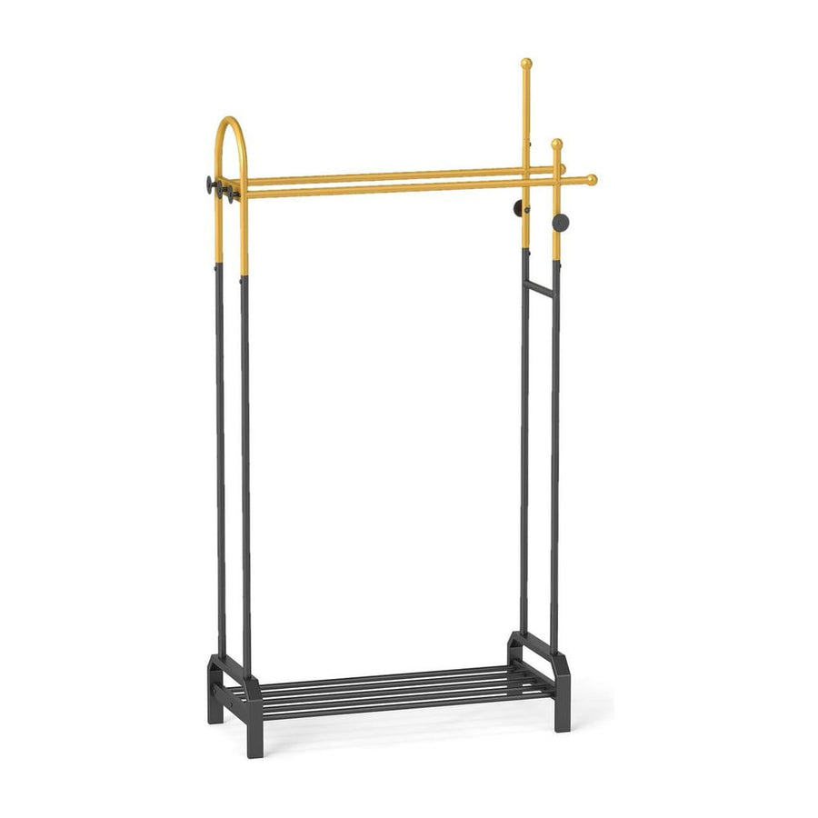 Double Rods Garment Rack freestanding clothing rack with 5 hooks in golden finish