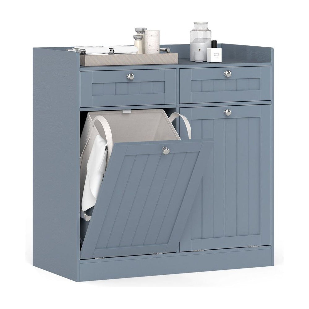 Double Tilt-Out Laundry Hamper Cabinet with Removable Baskets in grey, showing one tilt-out door open with a basket inside