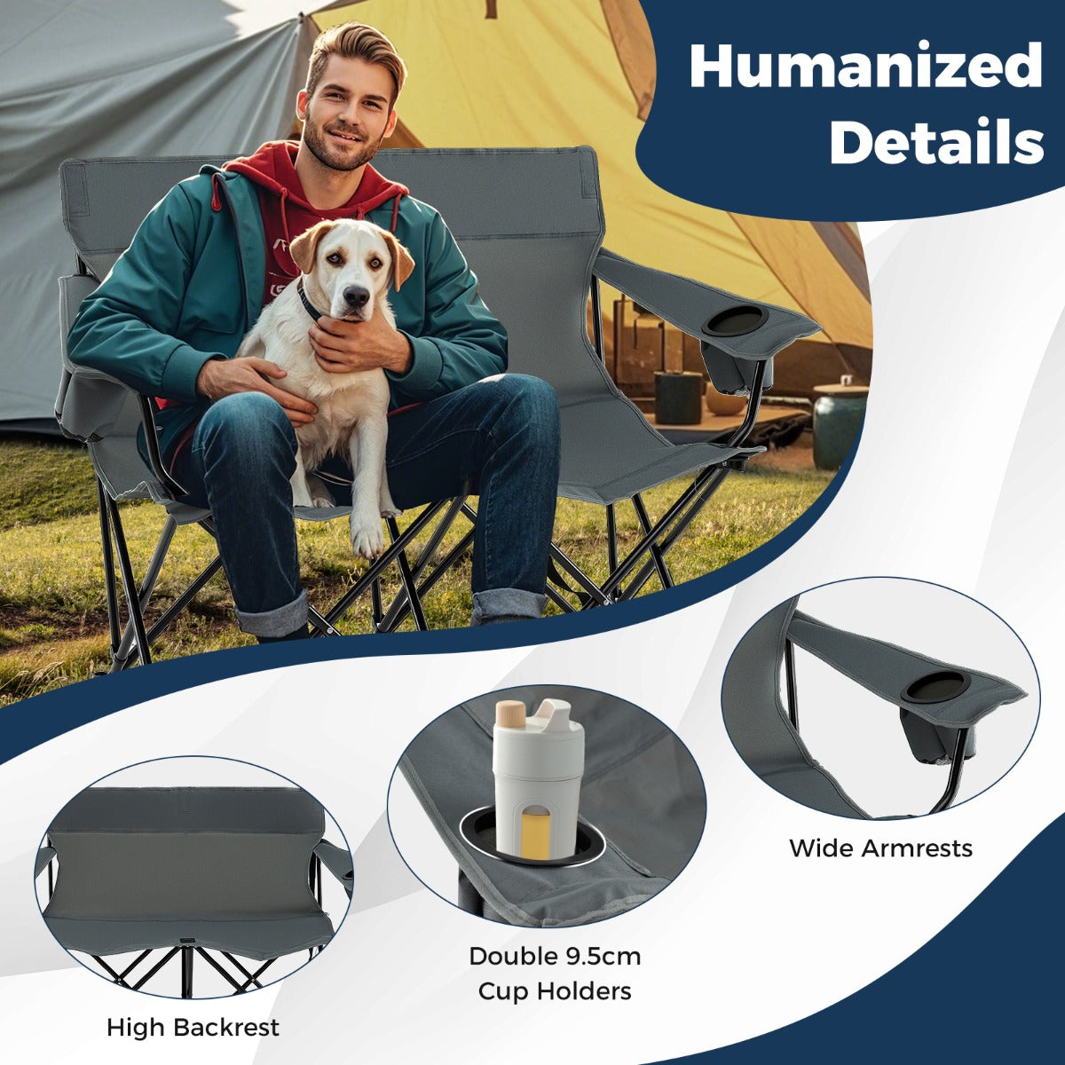 Double Camping Chair with Cup Holders and Carrying Bag-Grey