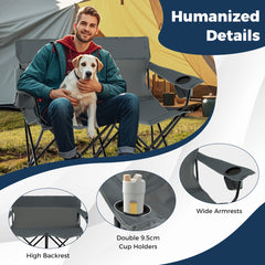 Double Camping Chair with Cup Holders and Carrying Bag-Grey