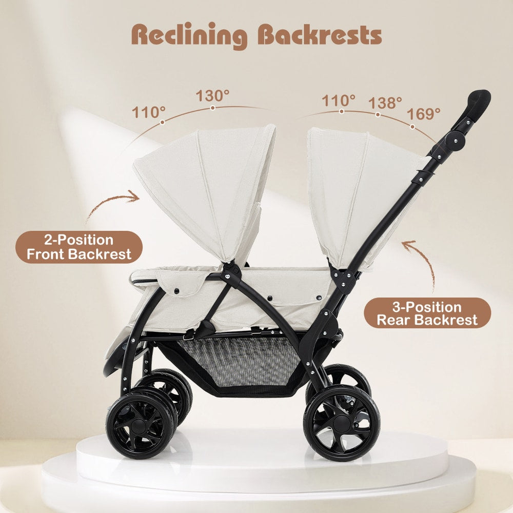 The baby stroller showing the different reclining angles of the front and rear backrests