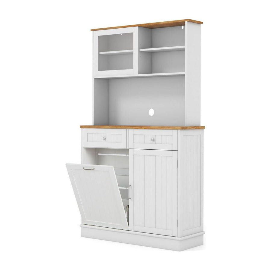 Double Tilt Out Trash Cabinet with Rubber Wood Countertop for Kitchen Dining Room-White