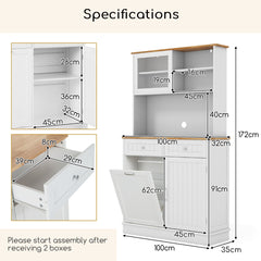 Double Tilt Out Trash Cabinet with Rubber Wood Countertop for Kitchen Dining Room-White