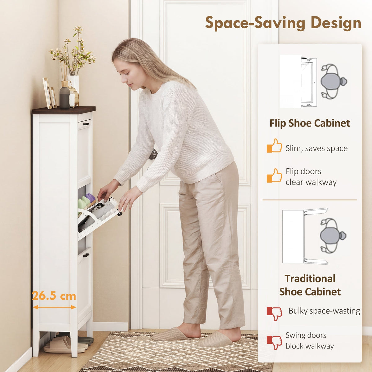 HOMCOM Shoe Cabinet with 3 Flip Drawers, Farmhouse Narrow Shoe Storage Cabinet with Adjustable Shelves, White