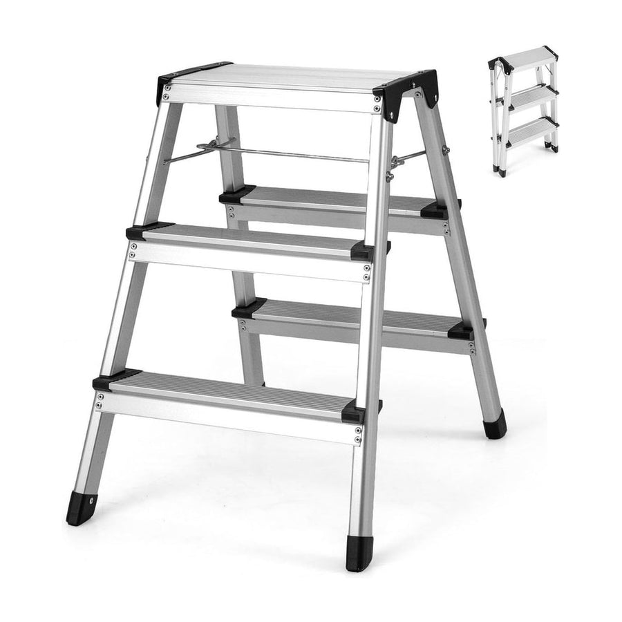 Dual-Sided 3 Step Ladder with Wide Anti-Slip Pedals, a silver aluminium stepladder with three steps, shown from the front