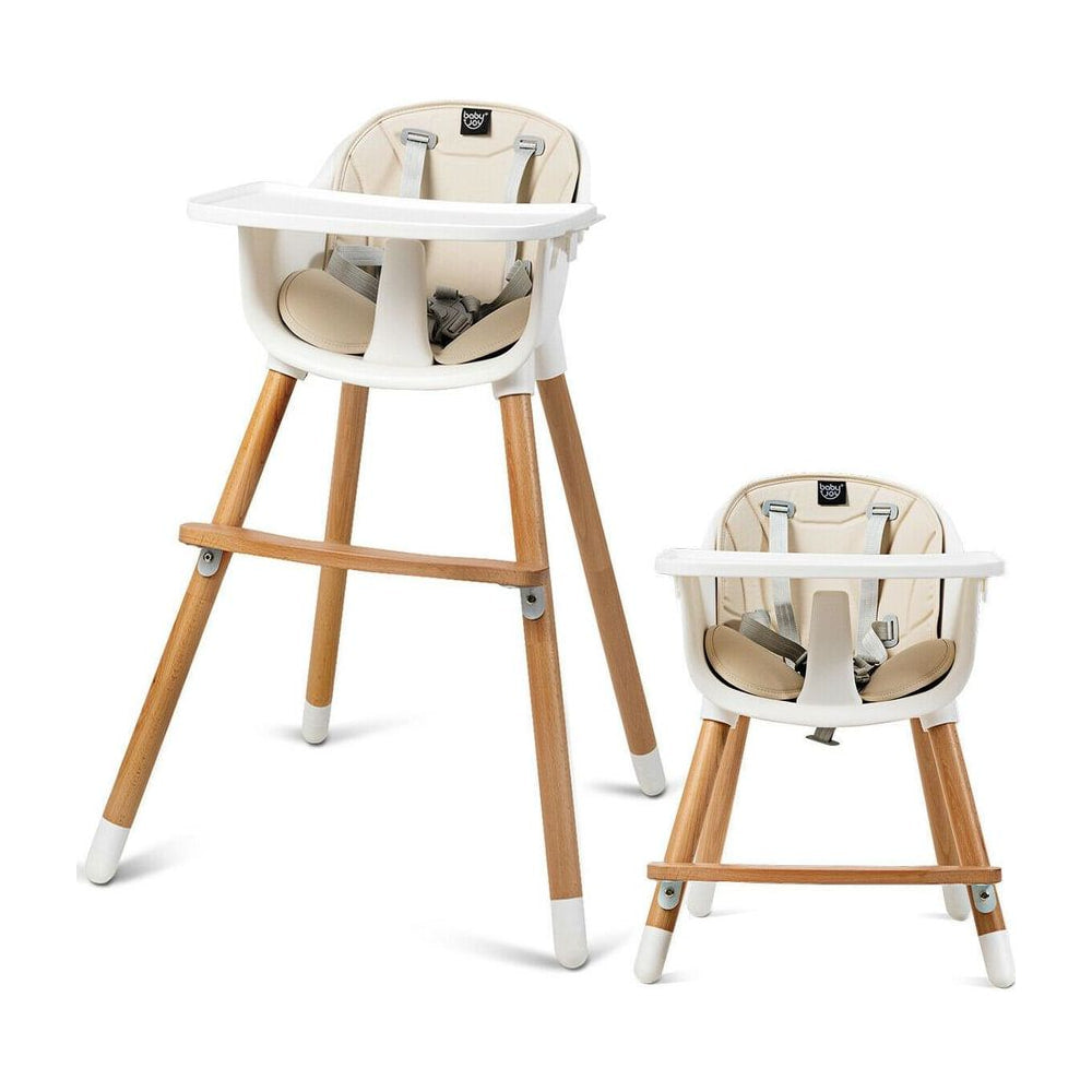 Dual Wooden Combination Modern Padded Highchair shown in both tall and short configurations