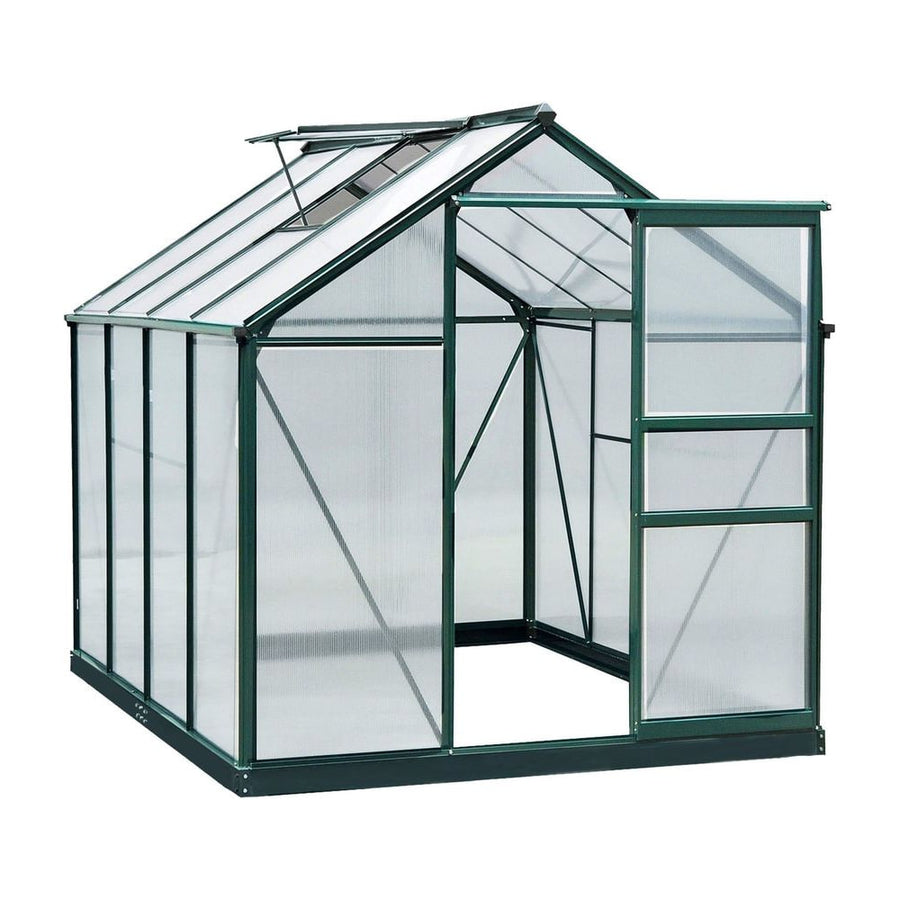 Outsunny Polycarbonate Greenhouse with a dark green frame and a sliding door on a white background