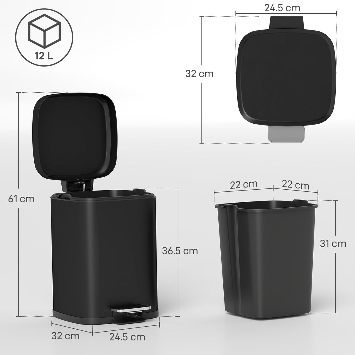 HOMCOM 12L Modern Boxy Metal Home Kitchen Bin - Black